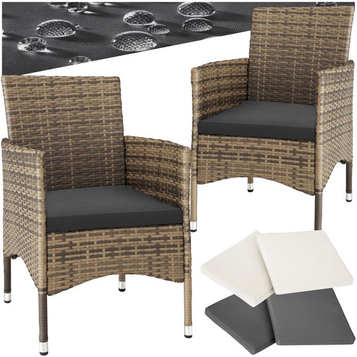 Sedie da giardino - TECTAKE - Set di 2 sedie da giardino in rattan NANTES, set di 2 fodere incluse - Marrone naturale/Grigio scuro