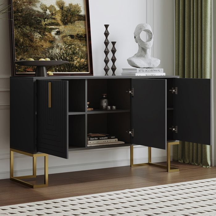 Modernes Sideboard mit verstellbaren Einlegeböden – 3 U-förmige Türen – Metallgriffe und -gestell – Schwarz