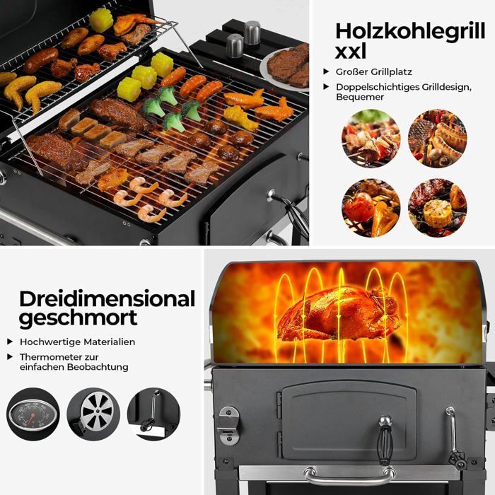 Barbecue Charbon de Bois XL,Grill à Charbon pour Camping et Jardin,BBQ Smoker,Réglable en Hauteur,avec Thermomètre et Roulettes