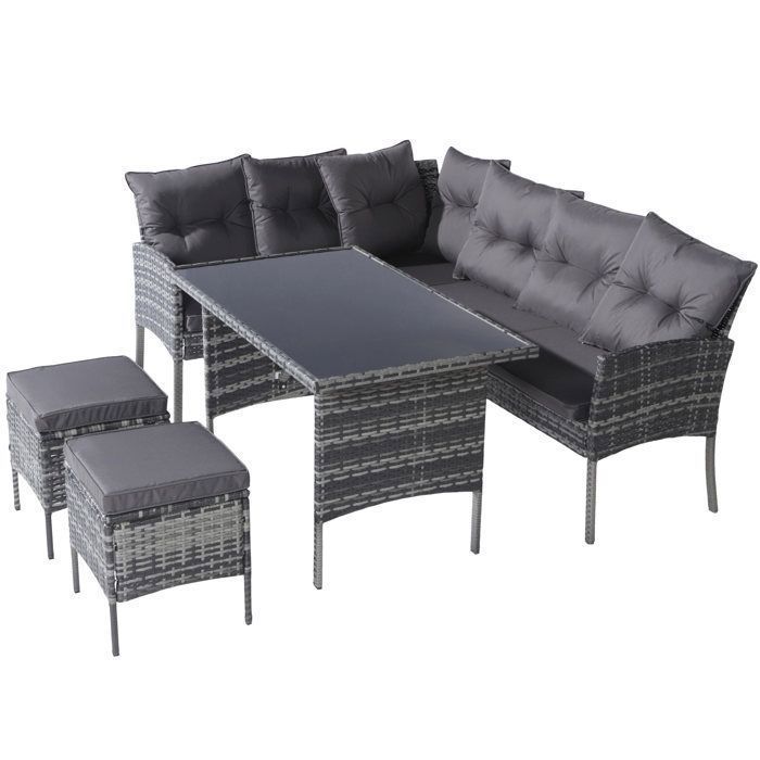 Salon de jardin 7 places en rotin PE - 2 canapés, 2 tabourets et 1 table basse - structure en acier - Gris