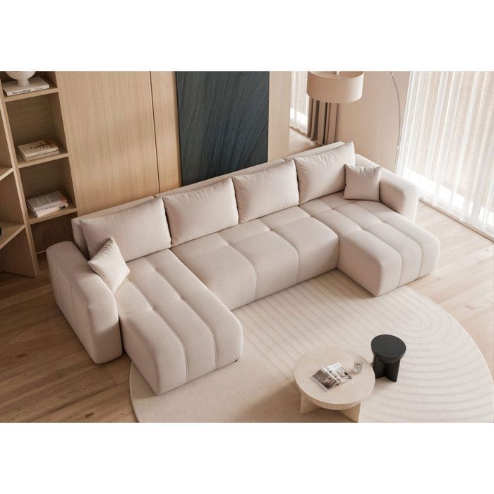 Divano angolare PEDRO - 7 posti - divano trasformabile con contenitore - tessuto in velluto - beige