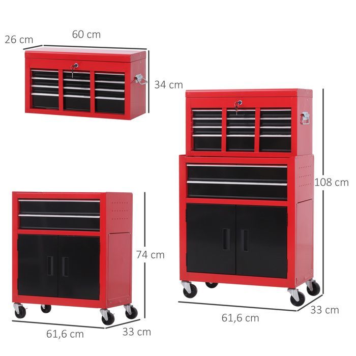 Servante d'atelier - HOMCOM - caisse à outil 6 tiroirs 1 commode coffre amovible chariot - acier - rouge noir