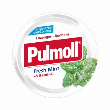 Pulmoll Bonbons be cukraus šviežios mėtos su vitaminu C, raminančia gerklę, šviežios mėtos pastilės 45 g 45 g