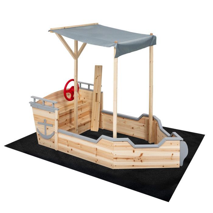 Arenero de madera con forma de barco pirata de IDMARKET WORLD con banco, caja de almacenamiento y techo gris.