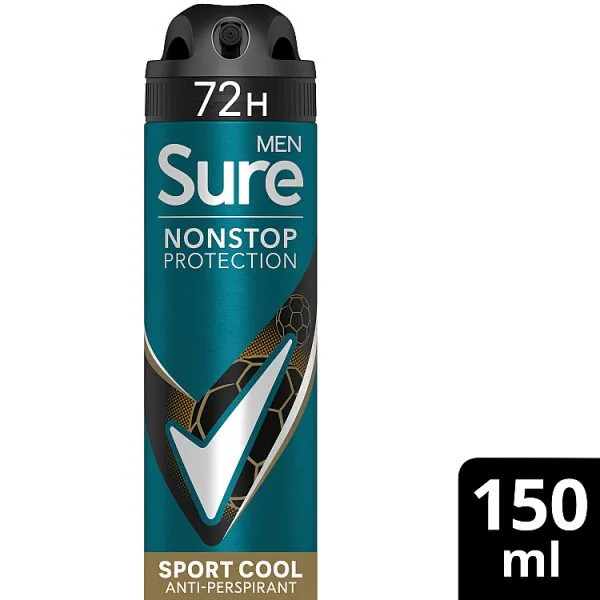 Deodorante antitraspirante Sure Men in formato aerosol, non-stop, sport e fresco, 150 ml.