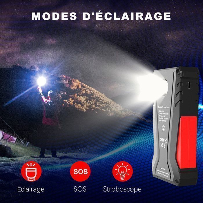 Arrancador de batería DINKALEN 12800 mAh - Arranque rápido de 1500 A - Cargador USB - Linterna LED de 3 modos