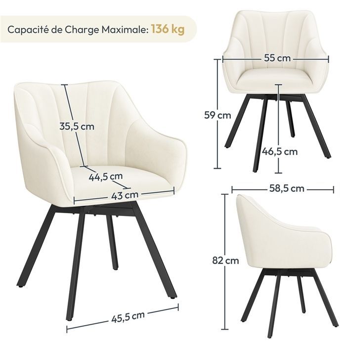 Yaheetech Lot de 2 Chaises de Salle à Manger Rotative avec Assise en Velours et Pieds en Métal Beige