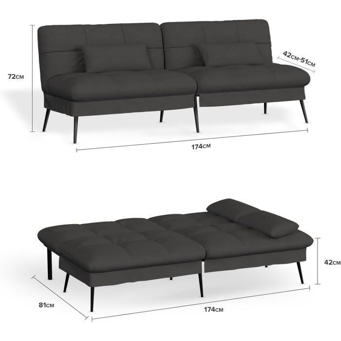 Sofá conversível de pelúcia, sofá de 3 lugares, pés de metal, 174 * 55 * 72 cm, preto