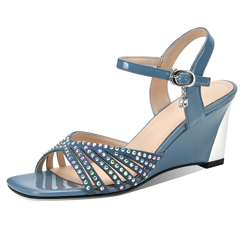 Sandali con zeppa in vera pelle con strass, alla moda, per donna, con tacco alto, scarpe casual estive 2021 Sandalias Mujer