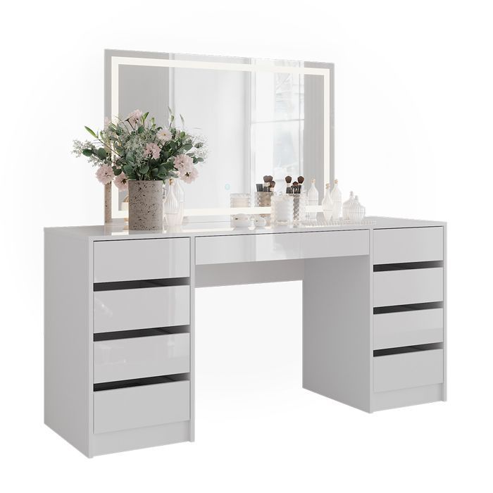 Coiffeuse Sherry 158.2cm avec miroir LED blanc/blanc brillant Blanc Haute brillance Vicco 57665