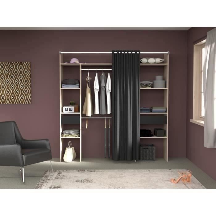 ARTIC double wardrobe - W198 x D48 x H203 cm - Oak finish + black curtain - Made in France