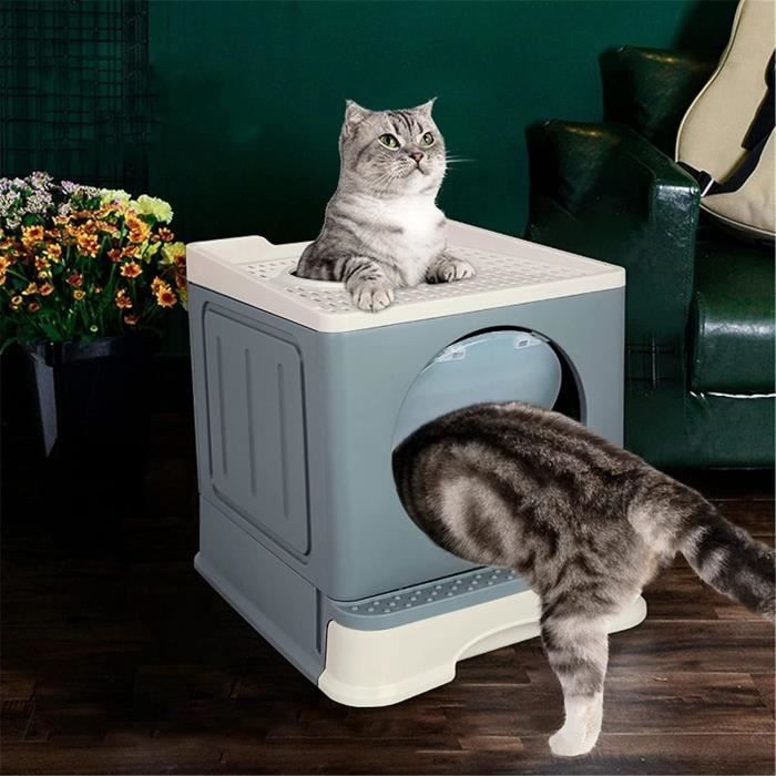 Willonin® Folding Cat Litter Box, Grey, Semi-enclosed litter box with drawer and scoop, Two doors, 45x34x39cm