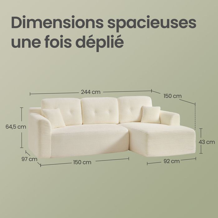 Divano angolare fisso VASAGLE, divano a 3 posti, non richiede montaggio, ampia chaise longue a destra, per soggiorno o camera da letto, bianco