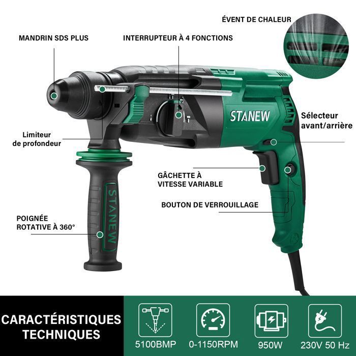 Taladro percutor rotativo - STANEW - STANEW - 950 W - SDS-Plus - Capacidad de perforación en hormigón de hasta 26 mm