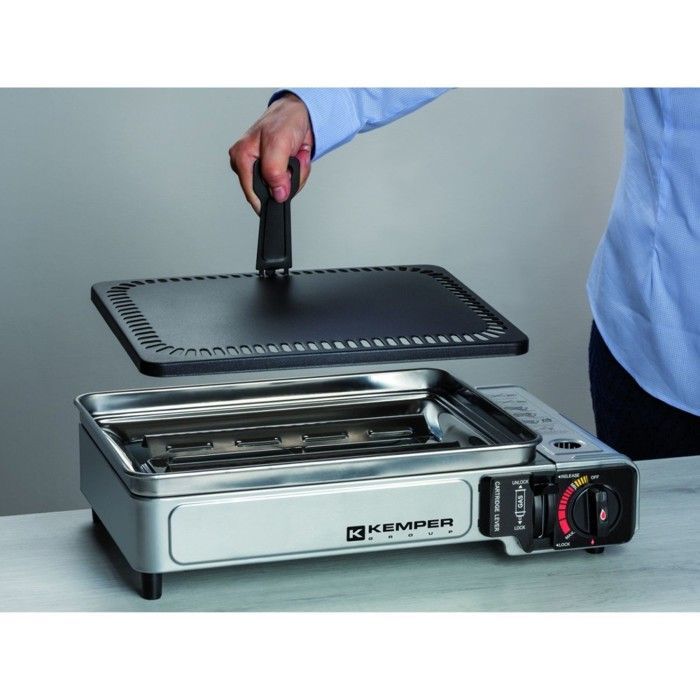 Plancha de gas portátil KEMPER de 2300 W + 2 cartuchos de gas + maletín de transporte