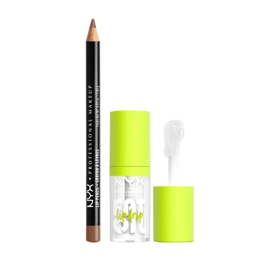 NYX Professional Makeup zestaw do makijażu ust konturówka 855 Nude Truffle 1 g   błyszczyk Fat Oil 01 My Main 4,8 ml