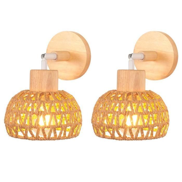 IDEGU - 2 lámparas de pared retro para interiores, apliques de pared ajustables de ratán y madera, luz de techo, estilo D, ratán marrón, Ø15 cm