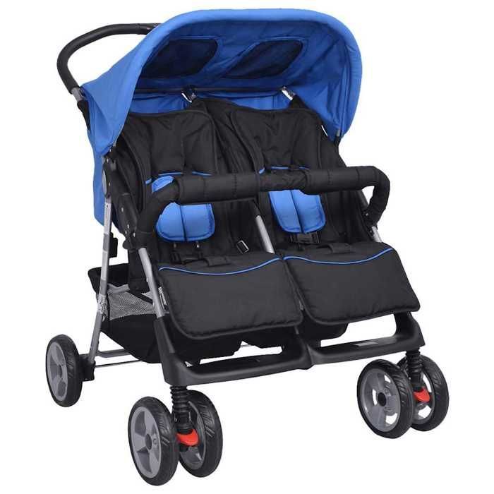Double stroller - vidaXL - Steel - Blue and black - Adjustable backrest - Lockable wheels