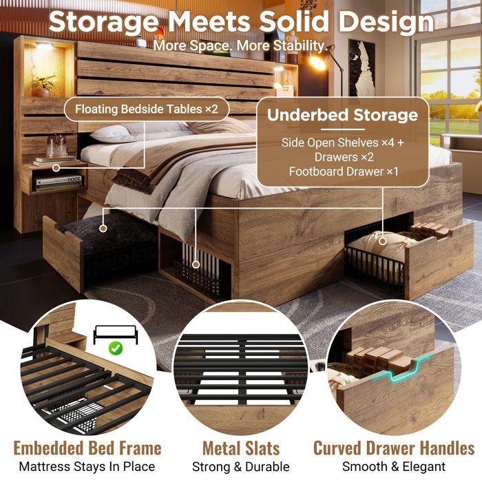 Upholstered Double Bed 180x200 cm with LED Lighting, 3 Storage Drawers, Floating Bedside Tables and USB Ports - Oak Effect