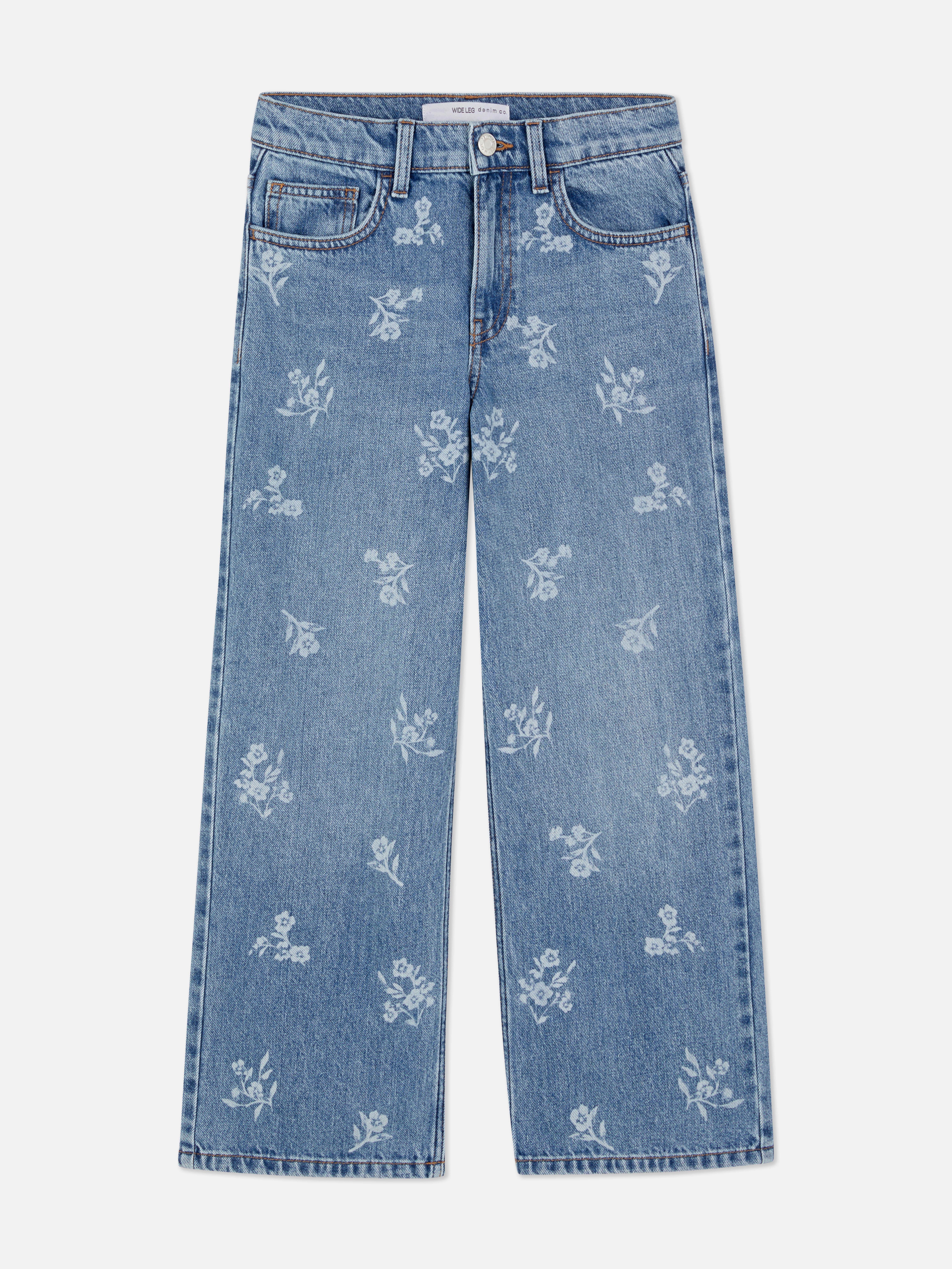 Blugi cu model floral, cu picior lat Blugi cu model floral integral, buzunare și picior lat
