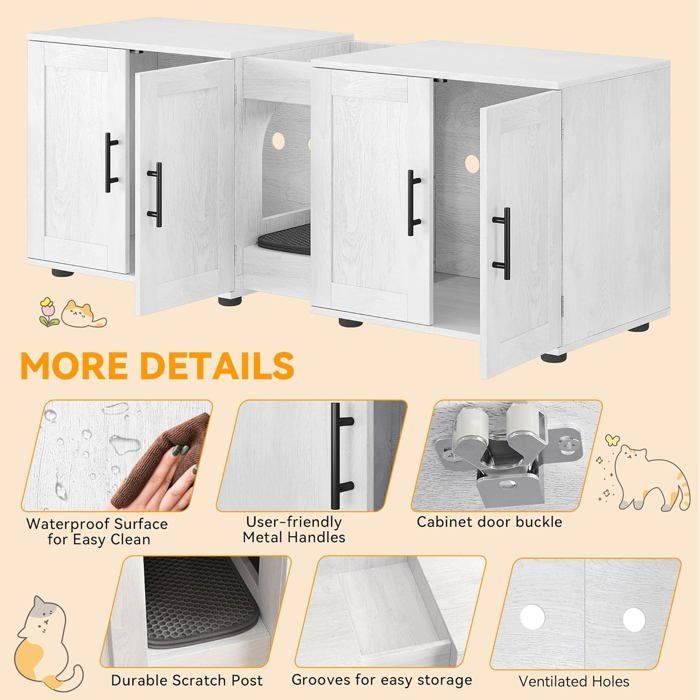 Arenero para 2 gatos, casita de baño para gatos con doble compartimento, bandeja de madera de 140 x 45 x 57 cm - Blanco