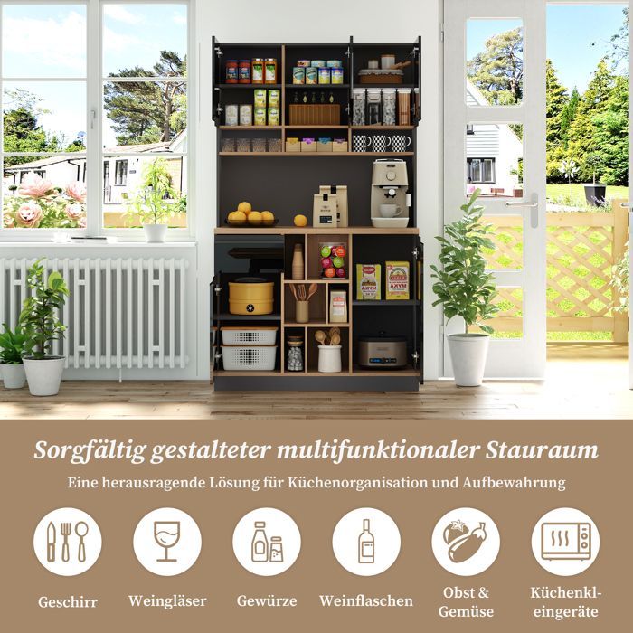 Buffet de Cuisine Haut Armoire Meuble de Rangement Vaisselier avec Tiroir Étagères Ajustables Bar à Café Noir 105×45×185 cm