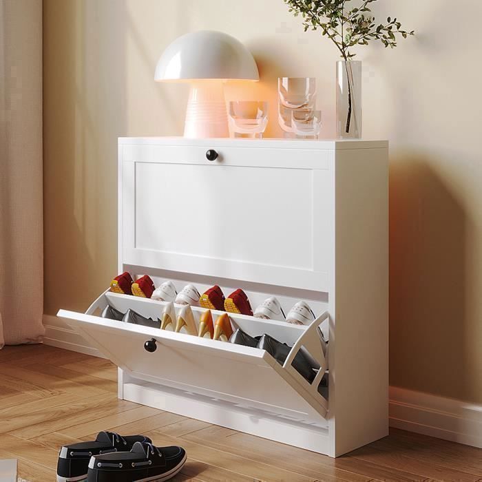 Meuble à Chaussures - VOWNER - Commode à Chaussures, Meuble d'entrée Rangement, 80 x 24 x 80 cm - Blanc