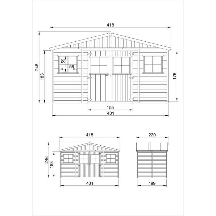 Abri de jardin en bois - TIMBELA - 418x220 cm - Plancher inclus - Ep.19mm - Construction de Panneaux