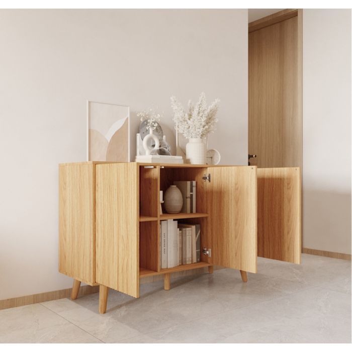 Buffet Enfilade RENZO - Design 3D Strié - 3 Portes Push-to-Open - L 120 cm - Chêne Alba Mat - Pieds 15 cm - Style Scandinave