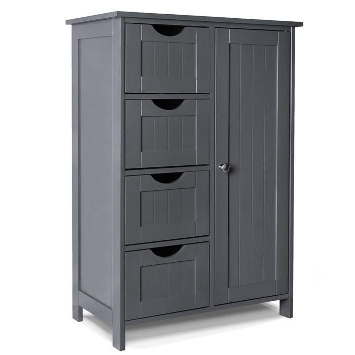 VOUNOT® Meuble bas de salle de bain 55x30x82cm - Armoire de rangement avec 4 tiroirs, 1 porte, 1 étagère réglable - Gris