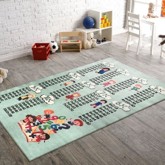 Tapis enfant - MANI TEXTILE - Table de multiplication - Lavable et antidérapant - Vert - 100x160cm