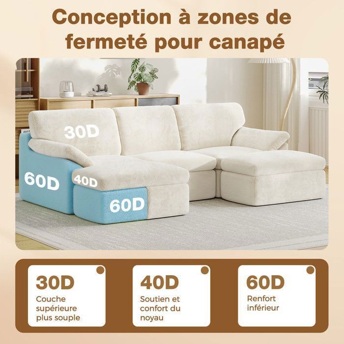 Canapé d'angle Convertible 5 pcs, Tissu velours polaire beige, Canapé avec 5 Oreillers et 2 repose-pieds, 240 x 140 x 65 cm