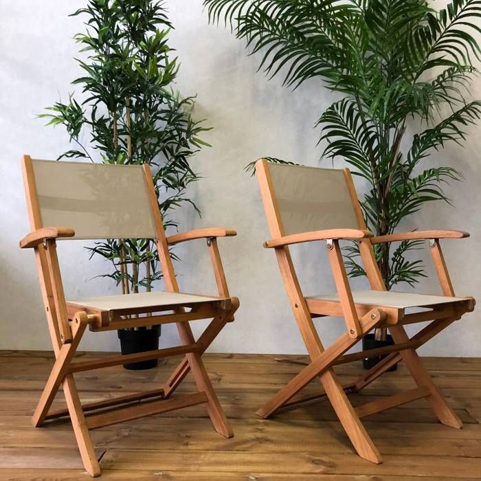 Sillones de jardín en madera y textilene - Almería Gris Topo - 2 sillones plegables en madera de eucalipto aceitada y textilene