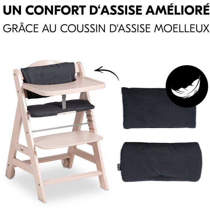 Chaise haute - HAUCK - BETA+ - Evolutive - De 6 mois à 90 kg - Bois FSC - Harnais 5 points - Roulettes - Whitewashed