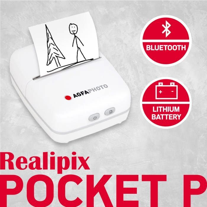 AGFA PHOTO Realipix Pocket P – Impressora fotográfica térmica portátil sem tinta - Impressão em preto e branco - Bluetooth - Branca
