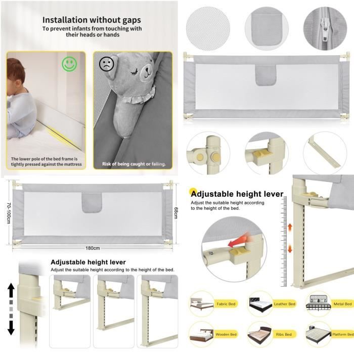 XUANYU Barrière de Lit Safety Portable,pour Garçons et Filles, Barrière de Lit pour Tout-Petits, de 18 Mois à 5 Ans,(175cm)