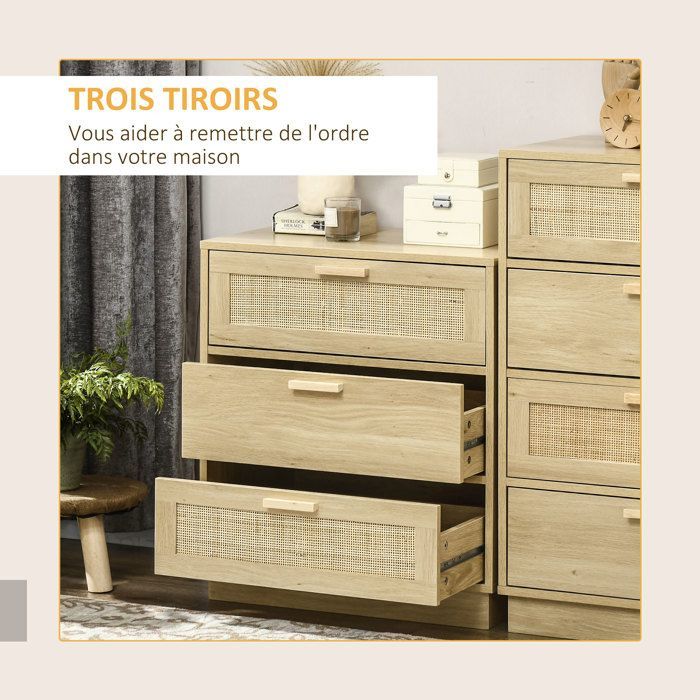 Cómoda de ratán estilo bohemio - HOMCOM - 3 cajones - mueble de almacenamiento - madera natural