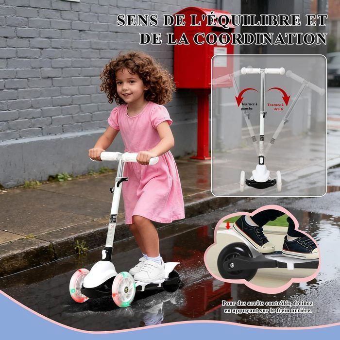 Monopattino pieghevole con 3 ruote illuminate a LED per bambini dai 2 ai 5 anni, manubrio regolabile in altezza su 3 posizioni, colore bianco.