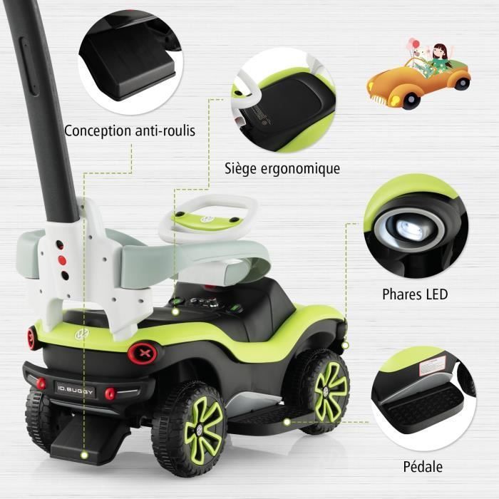 Cochecito Volkswagen 3 en 1 para niños y bebés, con manillar ajustable, música, claxon, capota y barras de seguridad.