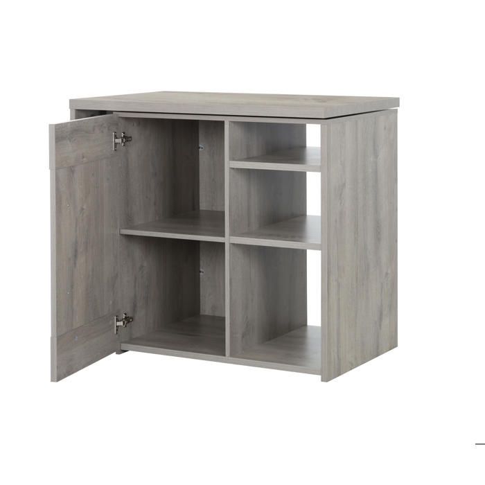Barra giratoria con efecto de madera de roble gris claro, ruedas y estantes.