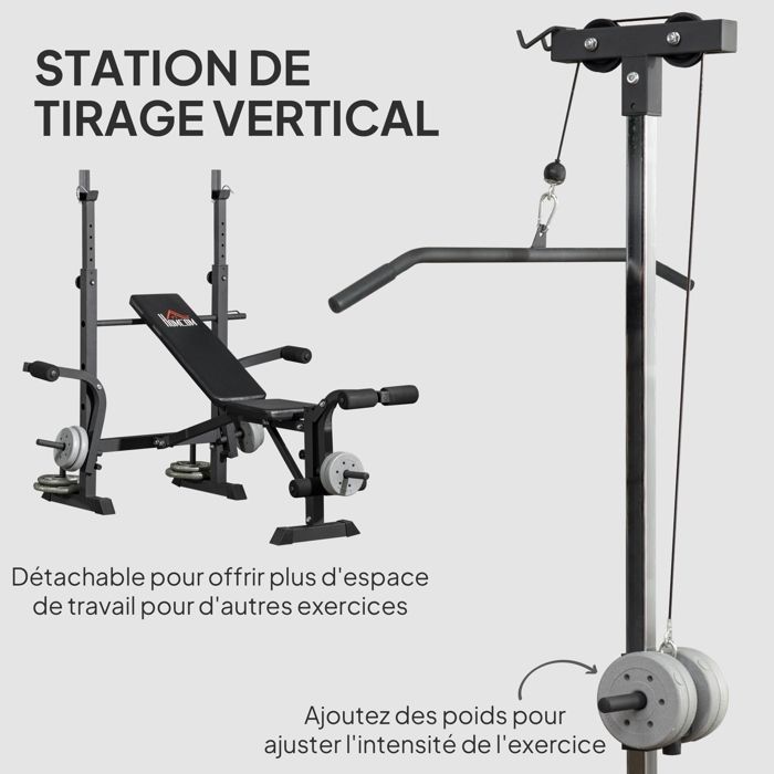 Banco de pesas multifuncional completo - HOMCOM - respaldo ajustable - sistema de poleas, soporte para barra, apertura de pecho