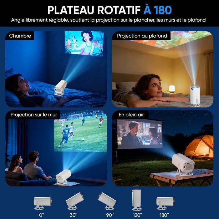 Mini projetor de vídeo, compatível com Android, suporta resolução 4K e 1080p, possui Wi-Fi, Bluetooth 5.0 e correção automática de distorção trapezoidal.