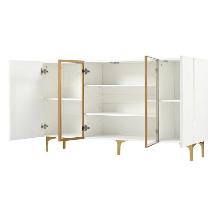 Modern wit dressoir met 4 deuren, gehard glas en gouden metalen poten, minimalistisch design met veel opbergruimte.