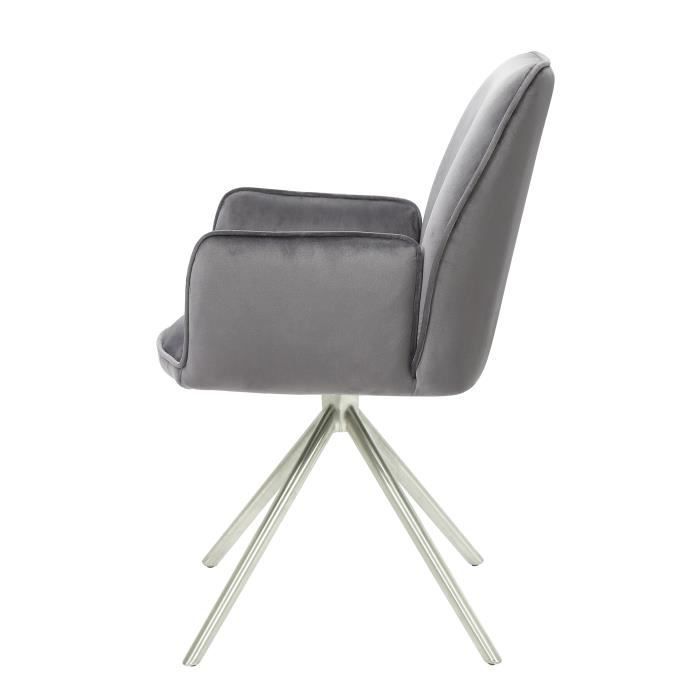 Chaise de salle à manger - HWC - G67 - Accoudoirs pivotants - Velours gris foncé - Inox