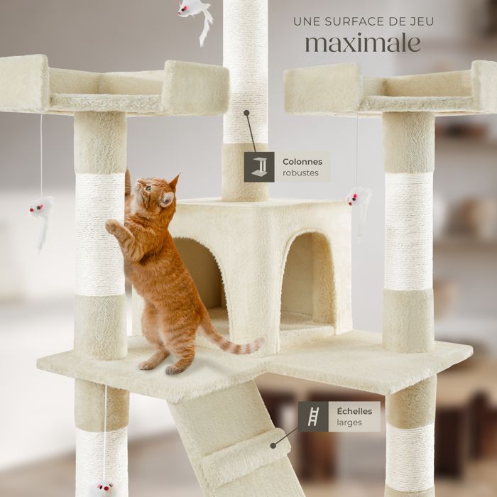 Árbol rascador para gatos - TECTAKE - BARNEY, mueble para gatos de 170 cm de altura con poste rascador, escondites y juguetes - Beige
