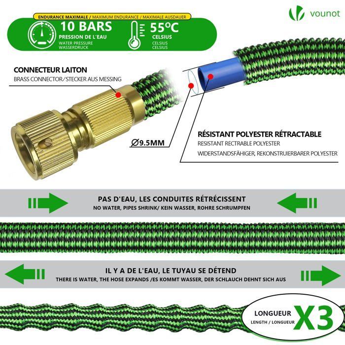 Manguera de jardín extensible reforzada VOUNOT® de 30 m, color verde, con depósito de jabón - 8 modos - Conector y bolsa de almacenamiento incluidos