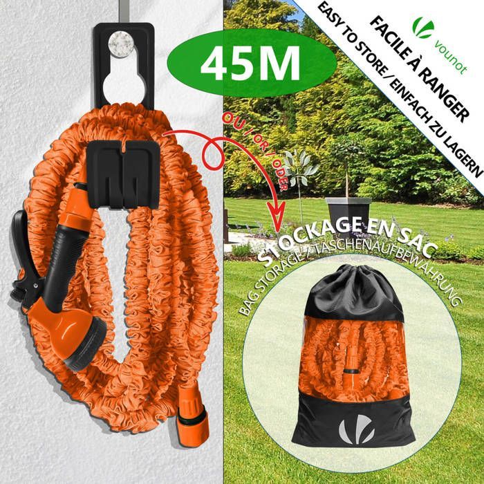 Manguera de jardín extensible VOUNOT® de 45 m, color naranja - 10 modos - Conector y bolsa de almacenamiento incluidos - Flexible y a prueba de fugas