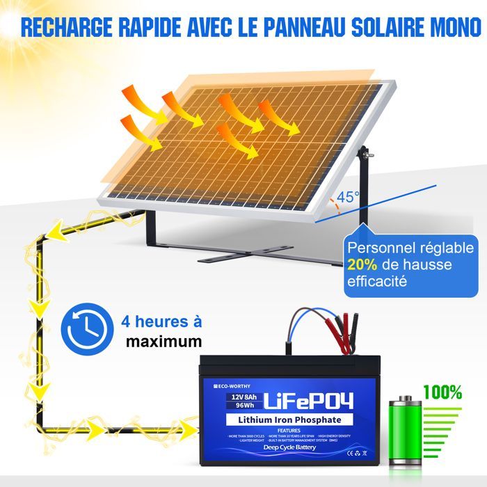 ECO-WORTHY kit de Panneau Solaire 25W 12V avec contrôleur 10A et batterie lithium 8Ah 12V pour Voiture RV Accueil Batterie Charge
