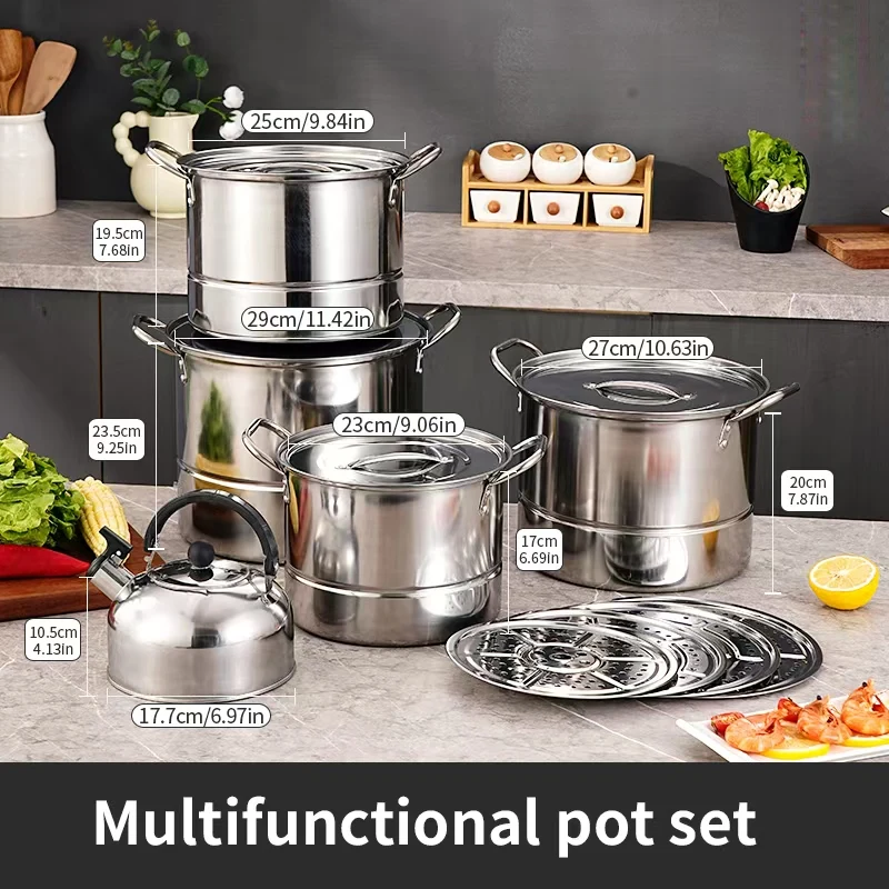 Ensemble de casseroles en acier inoxydable 4/5 avec bouilloire et panier vapeur, sans sélection de plaque de cuisson, idéal pour la cuisine et le camping.