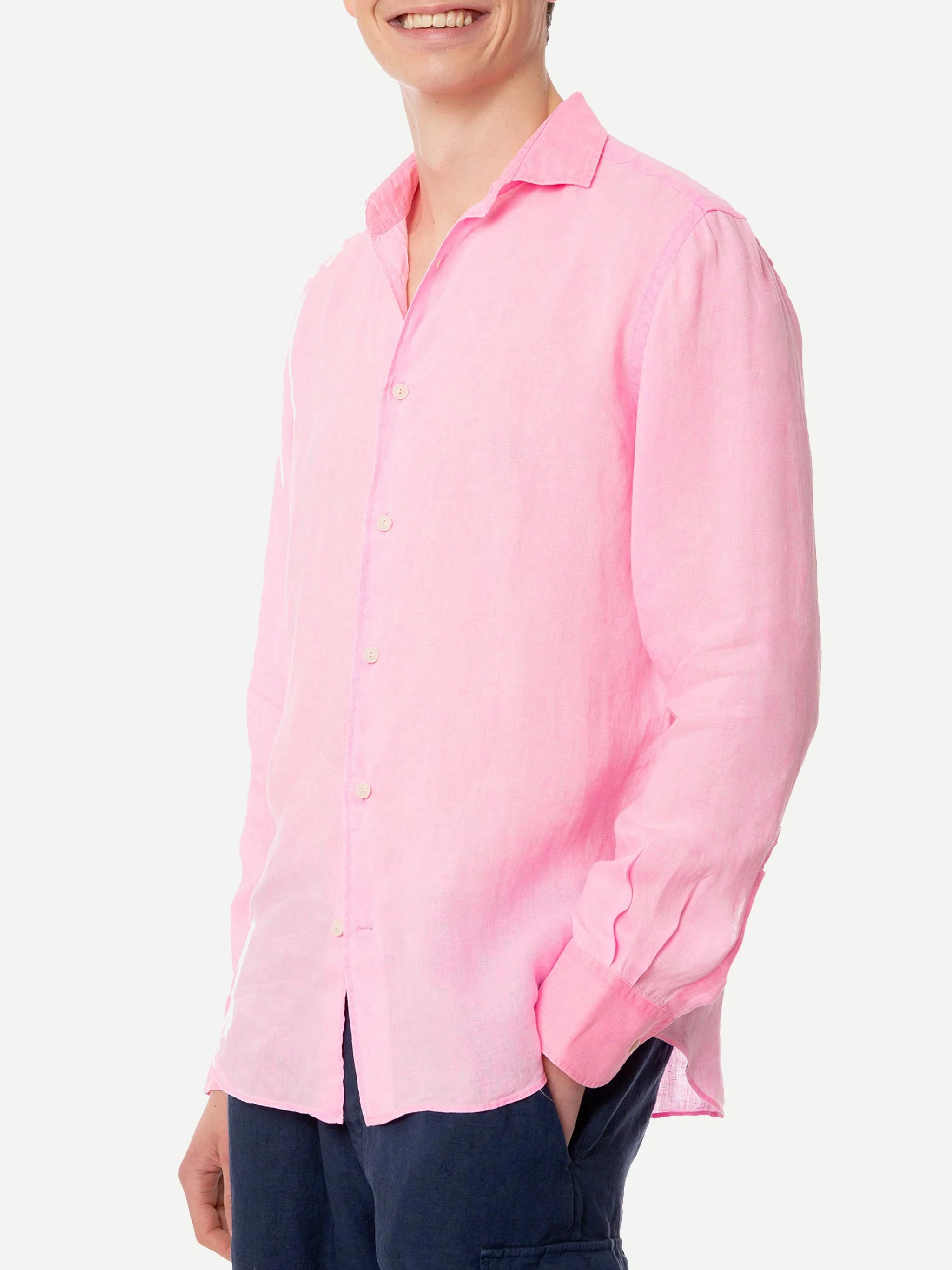 Pamplona herenoverhemd in aqua fluorescerend roze linnen